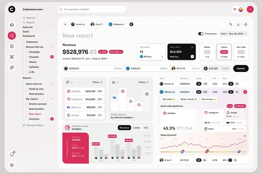 A custom internal sales application: revenue summary, deal table, channel attribution and a sales-dynamic chart