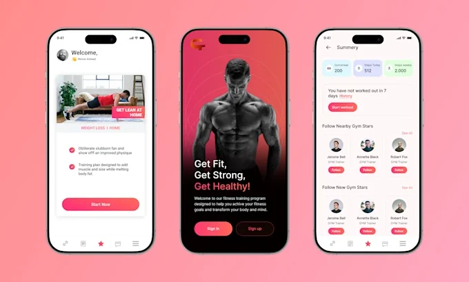 Three phone screens from one app: a welcome view, a sign-in screen and a weekly activity summary